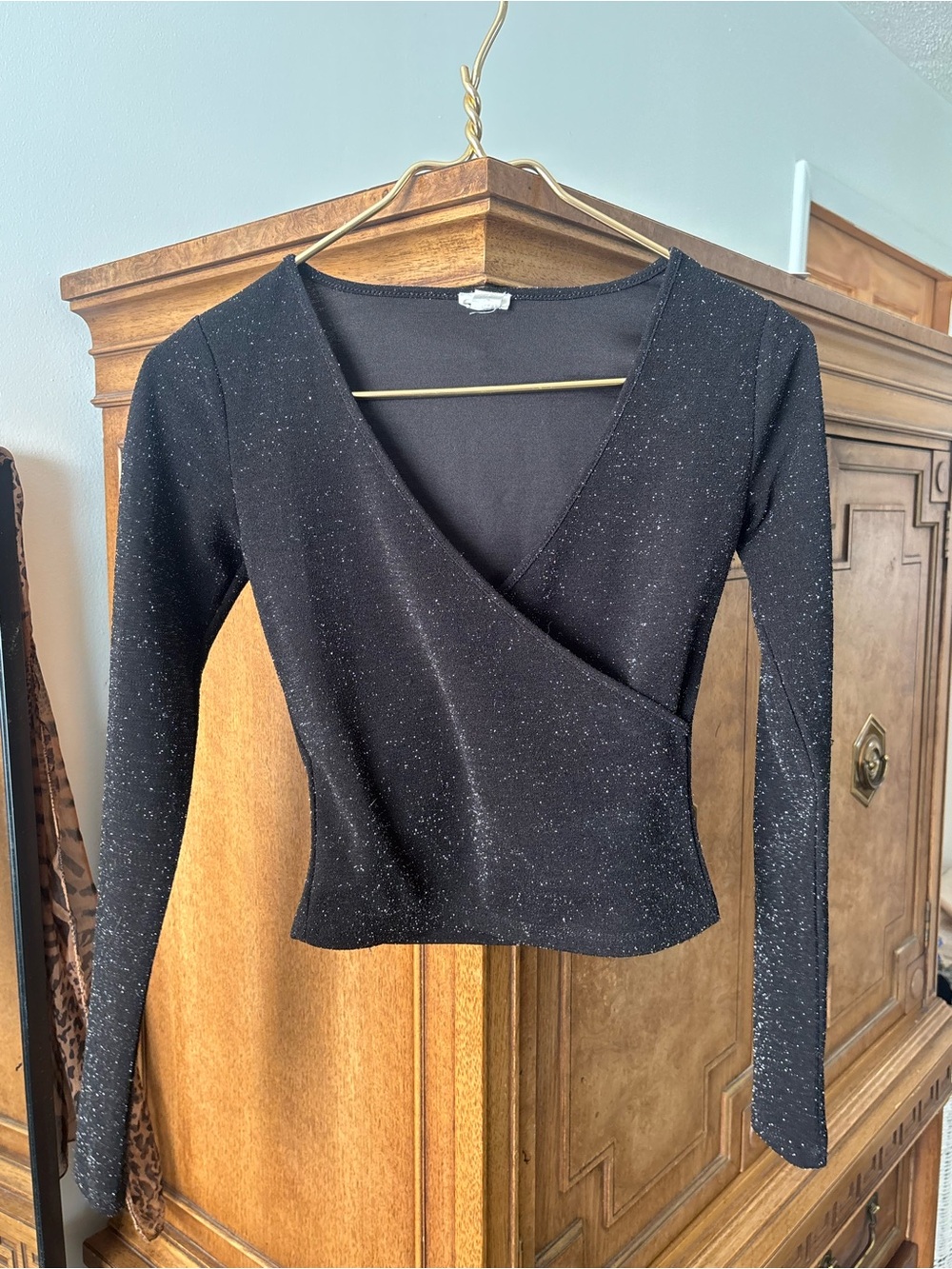 Garage Black Sparkle Wrap-Front Long Sleeve Top